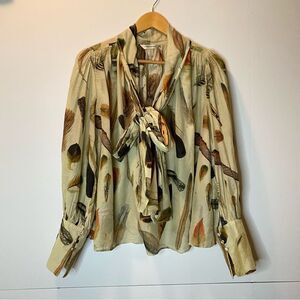 Banana Republic Harper Beige Cotton Silk Blend Tie Neck Feather Pattern Top XL